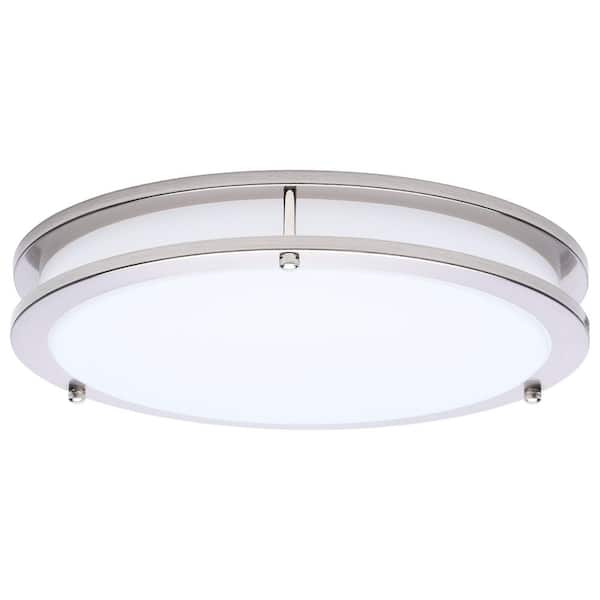 Glamour 13 in. 150-Watt Equivalent 1-Light Brushed Nickel Transitional Selectable LED Flush Mount, White Acrylic Lens