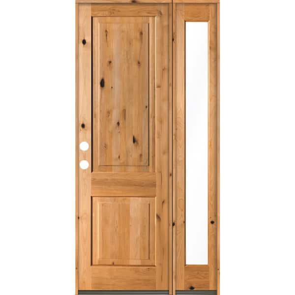 Krosswood Doors 44 in. x 96 in. Rustic knotty alder Right-Hand/Inswing Clear Glass Clear Stain Square Top Wood Prehung Front Door w/RFSL