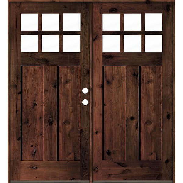 Krosswood Doors 72 in. x 80 in. Craftsman Knotty Alder Wood Clear 6-Lite Red Mahogony Stain Left Active Double Prehung Front Door