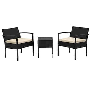 Black 3-Piece Wicker Patio Conversation Sectional Seating Set with Beige Cushions