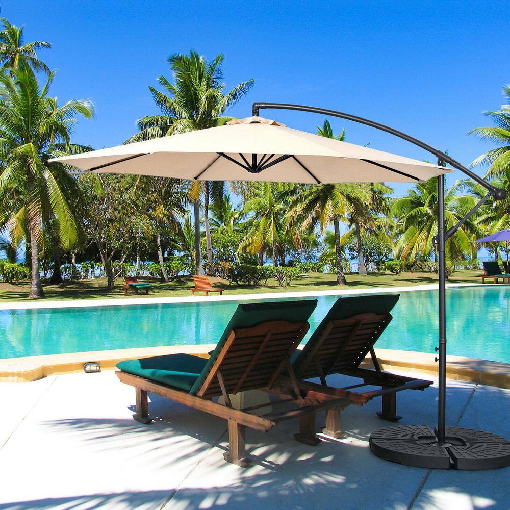 Beige 10' Iron Cantilever Patio Umbrella with Cross Base