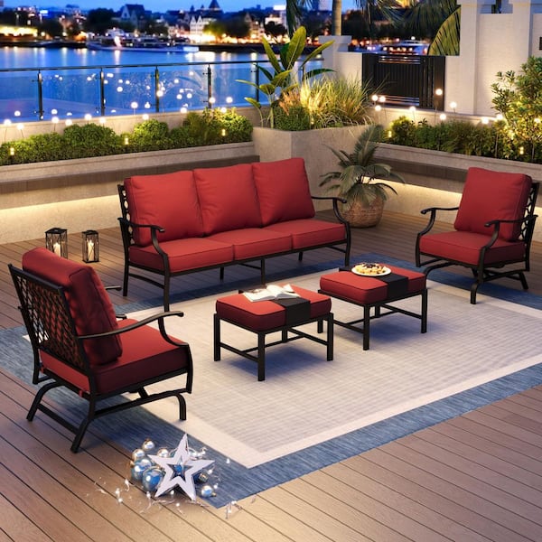 PHI VILLA Black 5-Piece Metal Meshed 7-Seat Outdoor Patio Conversation Set with Red Cushions 2 Motion Chairs and 2 Ottomans