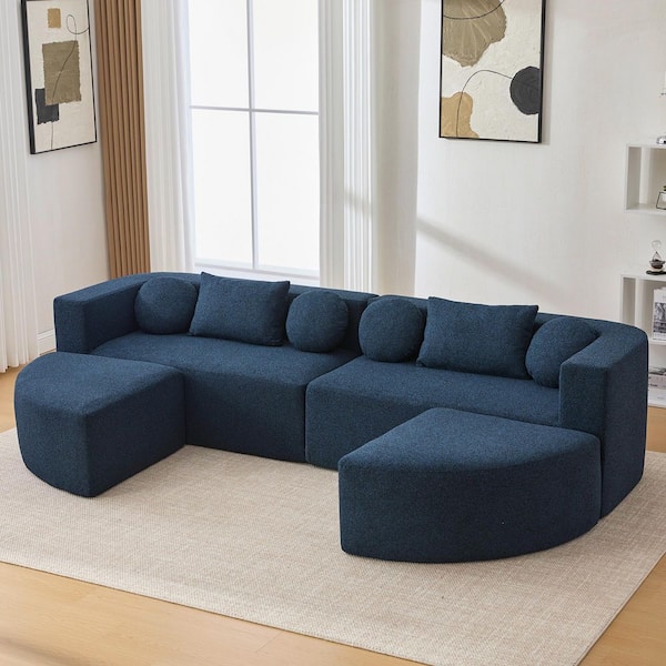 114.9 in. W Boucle Fabric Free-Combined Modular Sectional Sofa in Blue, Compressed and No Assembly