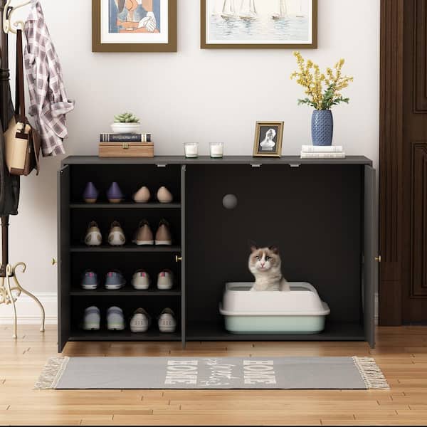 Cat House Side Table with Shoe Rack, Litter Box Enclosure, Cat Litter Box Furniture Hidden, Cat Washroom Storage Bench