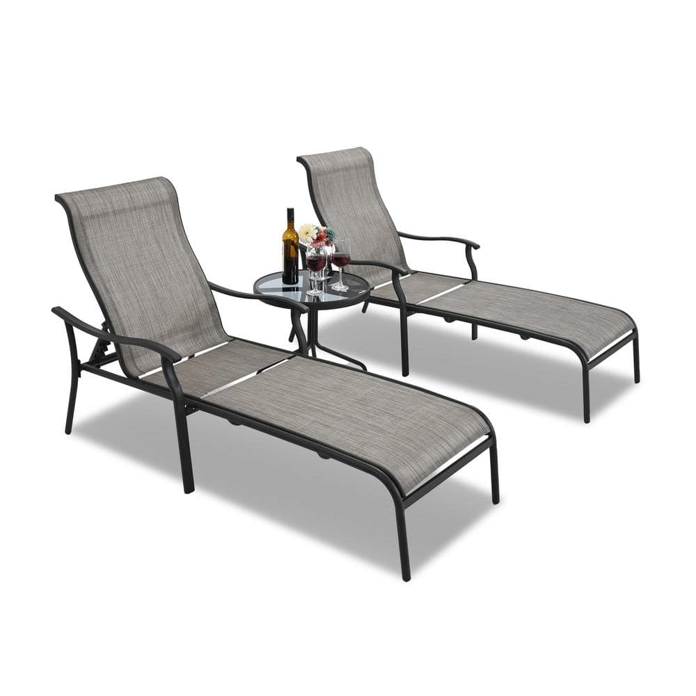 Gray 3-Piece Adjustable Iron Chaise Lounge Set with Glass Table