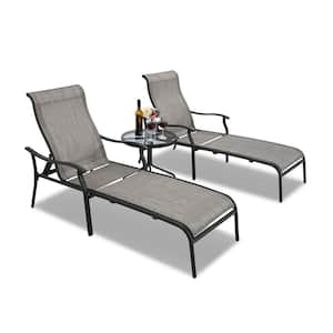 Gray 3-Piece Patio Textilene Metal Chaise Lounge Set with Glass Coffee Table