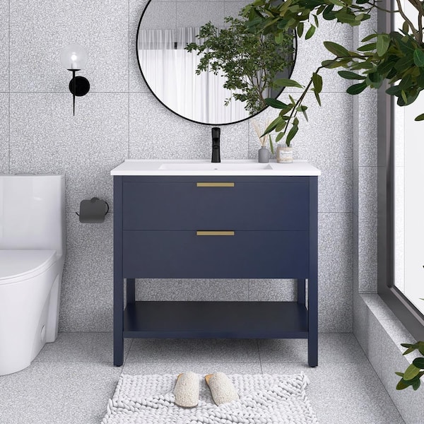 Unbranded 36 in. W x 18 in. D x 33 in. H Freestanding Single Sink Bath Vanity in Navy Blue with White Resin Top
