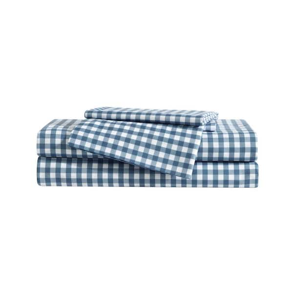Preston Check 4-Piece White/Blue Microfiber Full Sheet Set