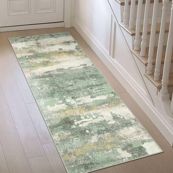 Zephyr Machine Washable Light Green 2 ft. x 6 ft. Modern Abstract Indoor Area Rug