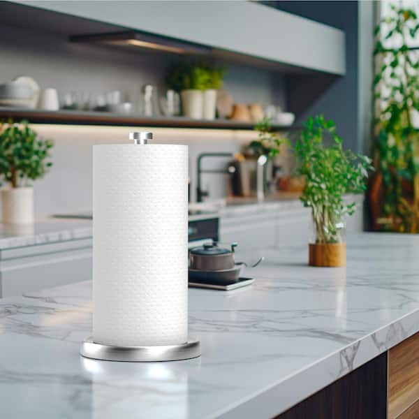 Freestanding Silver Paper Towel Holder One-Hand Tear Stainless Steel Weighted Base Ratchet Mechanism