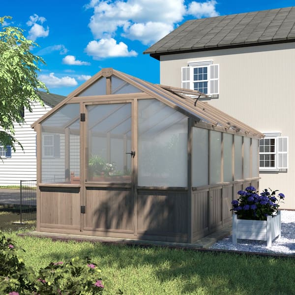 8 ft. x 12 ft. Wooden Garden Plant Greenhouse for Outdoors with 2-Layer Polycarbonate Panels and Adjustable Roof Vent