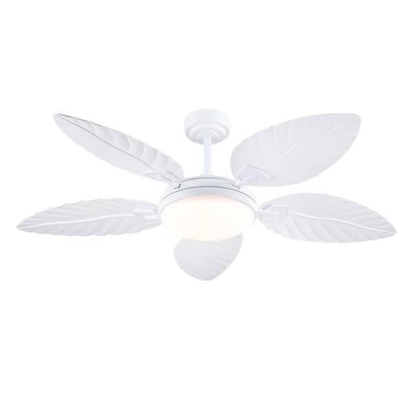 Kviflon 52 in. Indoor/Outdoor White Retro 5 Palm Leaf Shaped Blades Ceiling Fan with Dimmable LED Light and Remote/APP Control