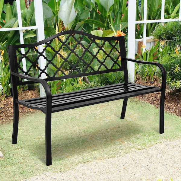 Afoxsos Modern Cast Garden Metal Outdoor Bench 2 Seater Black Loveseat ...