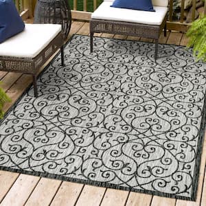 Madrid Vintage Filigree Textured Weave Light Gray/Black 4 ft. x 6 ft. Indoor/Outdoor Area Rug