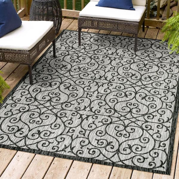 Madrid Vintage Filigree Textured Weave Light Gray/Black 9 ft. x 12 ft. Indoor/Outdoor Area Rug