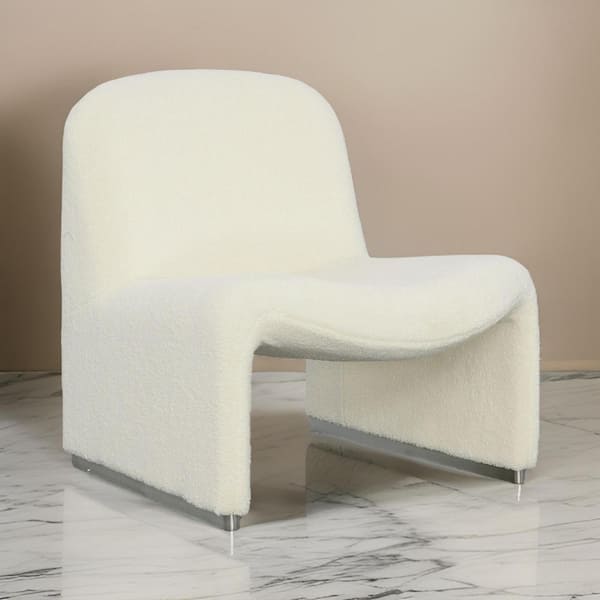 Benjara Curved Sloped Back Off White and Silver Fabric Upholstery Side Chair