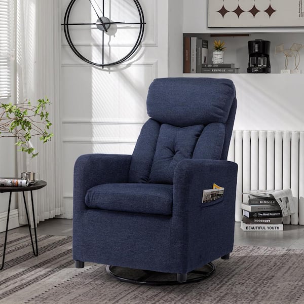 Navy Blue Teddy Fabric Swivel Rocking Chair Gilder Chair with Pocket for Living room