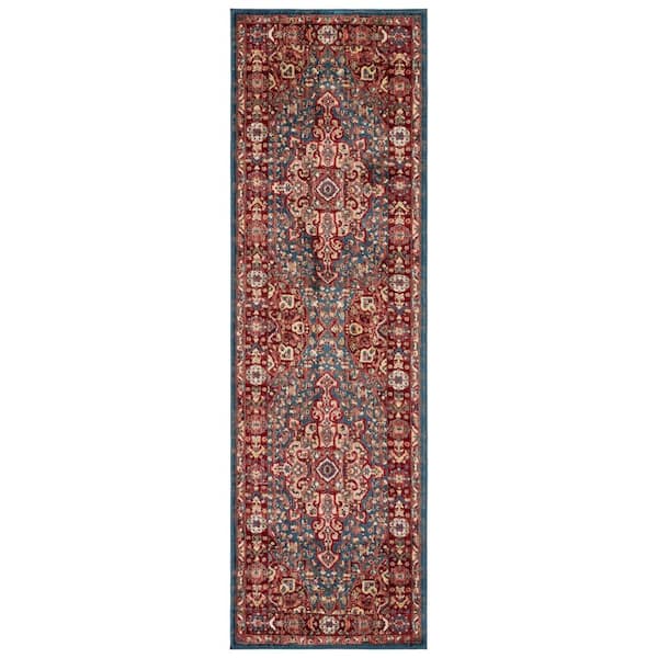 Kashan 3 ft. x 14 ft. Blue/Red Antique Border Runner Rug