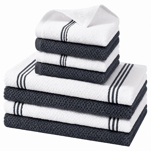 Dark Grey Rice Grain and Striped 100% Cotton Kitchen Towels 12 in x 12 in and 16 in x 26 in Set of 8