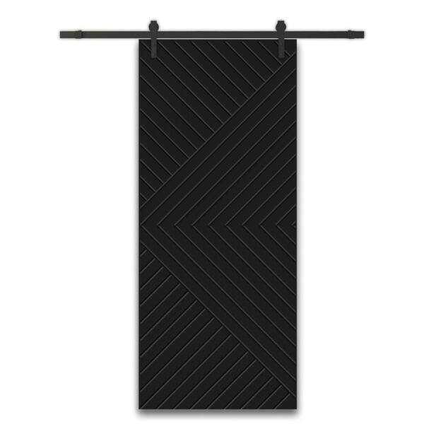 CALHOME Chevron Arrow 28 in. x 84 in. Fully Assembled Black Painted MDF Modern Sliding Barn Door with Hardware Kit