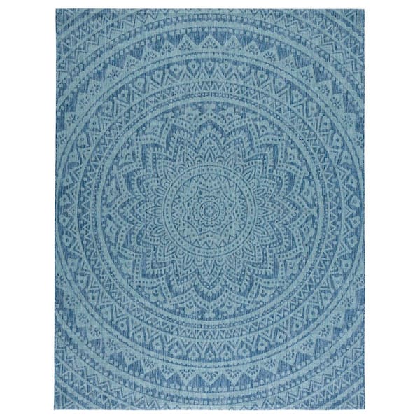 SAFAVIEH Courtyard Navy/Aqua 8 ft. x 10 ft. Medallion Indoor/Outdoor Patio  Area Rug