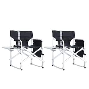 Black/Grey Metal Frame Folding Outdoor Lawn Chair with Side Table and Storage Pockets or Camping, Picnics (2-Pack)
