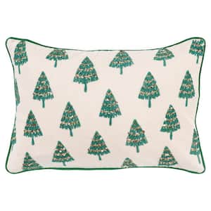 Green/Ivory Christmas Tree Embroidered and Sequined Poly Filled 20 in. x 14 in. Decorative Throw Pillow