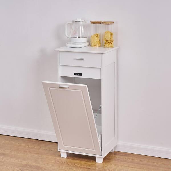 VECELO 8 Gal. Tilt-Out Trash Can Cabinet White MDF 17.3 in. Sideboard with Drawer