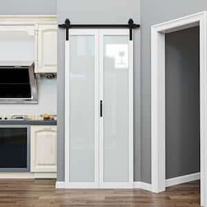 36 in. x 84 in. 1-Lite Tempered Frosted Glass White Finished Composite MDF Bi-Fold Sliding Barn Door with Hardware Kit