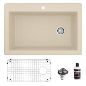 QT-670 Quartz/Granite 33 in. Single Bowl Top Mount Drop-In Kitchen Sink in Bisque with Bottom Grid and Strainer