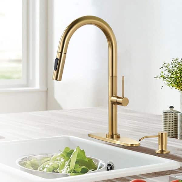 Single Handle Pull Down Sprayer Kitchen Faucet with Soap Dispenser in Brushed Gold