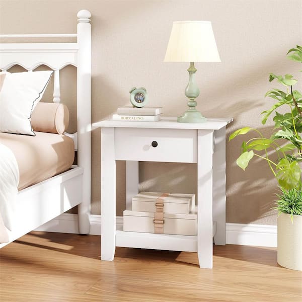 White 1 Drawer 19.5 in. W Nightstand with Drawer 3-Tier Modern Bedside Table with Open Shelf Storage