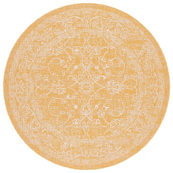 Courtyard Gold/Ivory 7 ft. x 7 ft. Border Floral Scroll Indoor/Outdoor Round Area Rug