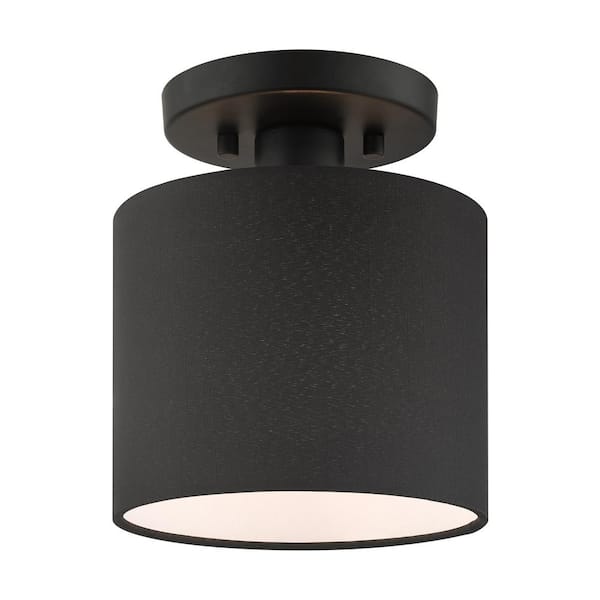 AVIANCE LIGHTING Hillcott 7 in. 1-Light Black Semi Flush Mount with Black Fabric Shade and White Fabric Inside