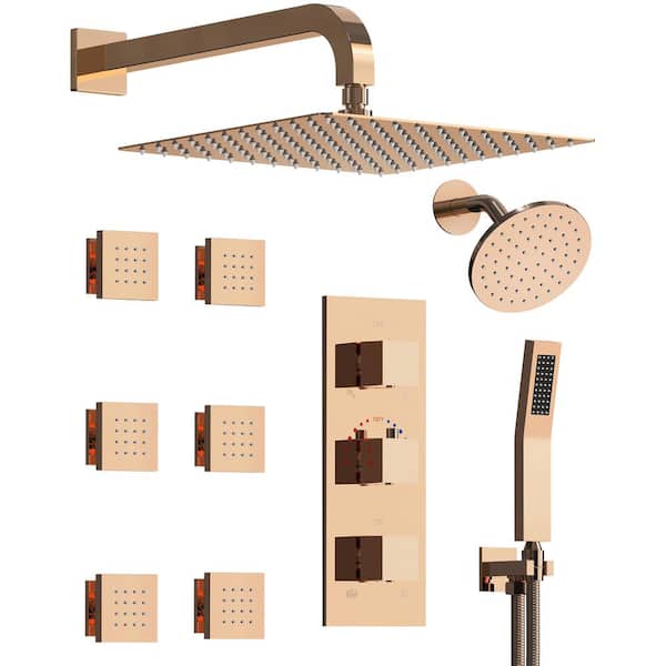 GRANDJOY ZenithRain Thermostatic Dual Showers 8-spray 12 in. Shower System with Hand Shower in Polished Rose Gold Valve Included