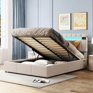 Beige Wood Frame Queen Upholstered Platform Bed with LED light, Bluetooth Player and USB Charging