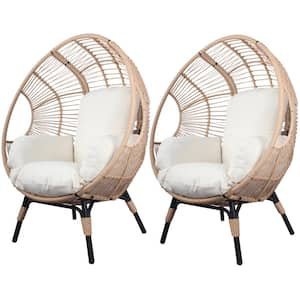 Natural 2-Piece Wicker Outdoor Lounge Chair, Patio PE Rattan Egg Chair with White Cushions for Garden, Lawn, Backyard