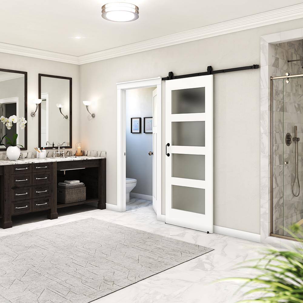 White Primed Pine Wood Frosted Glass Barn Door Slab