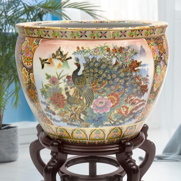 Oriental Furniture 16 in. Satsuma Garden & Peacock Porcelain Fishbowl