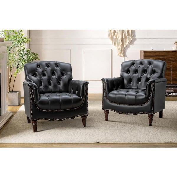 JAYDEN CREATION Elijah Traditional Black Genuine Leather Button-tufted Armchair with Luxury Style and Solid Wood Legs (Set of 2)