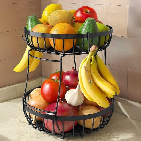 2 Tier Fruit Basket for Kitchen Counter with 2 Banana Hangers