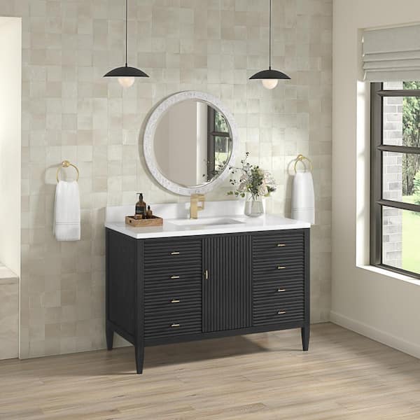 James Martin Vanities Myrrin 48.0 in. W x 23.5 in. D x 34.06 in. H Single Bathroom Vanity Carbon Oak and White Zeus Quartz Top