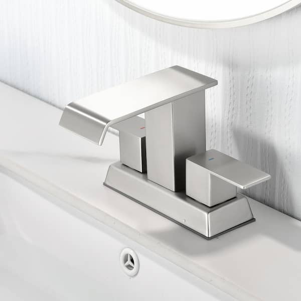 4 in. Centerset Double Handle Bathroom Faucet with Drain Kit Included，Wide Waterfall Spout Faucet in Brushed Nickel