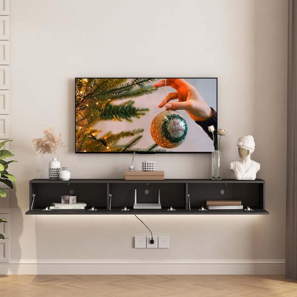 68.80 in. W x 11.80 in. D Black Wood Modern Decorative Wall Shelf with Led