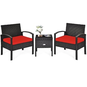 3-Piece Black Wicker Outdoor Patio Bistro Set with Red Cushions