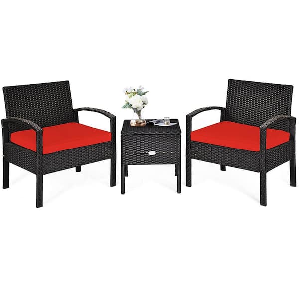 SUNRINX 3-Piece Black Wicker Outdoor Patio Bistro Set with Red Cushions