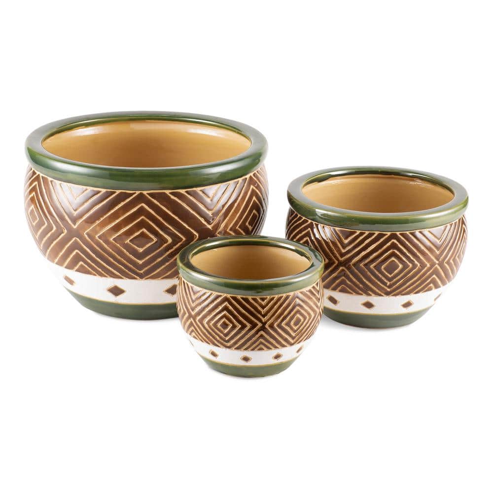 Jade and Sand Ceramic Planter Trio for Indoor/Outdoor Elegance