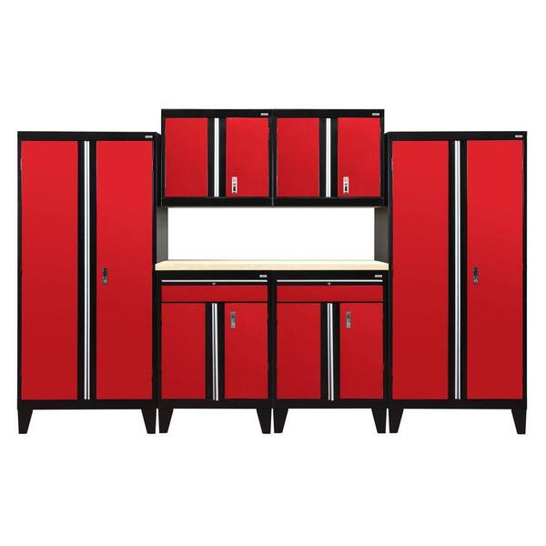Sandusky 79 in. H x 144 in. W x 18 in. D Modular Garage Welded Steel Cabinet Set in Black/Red (7-Piece)
