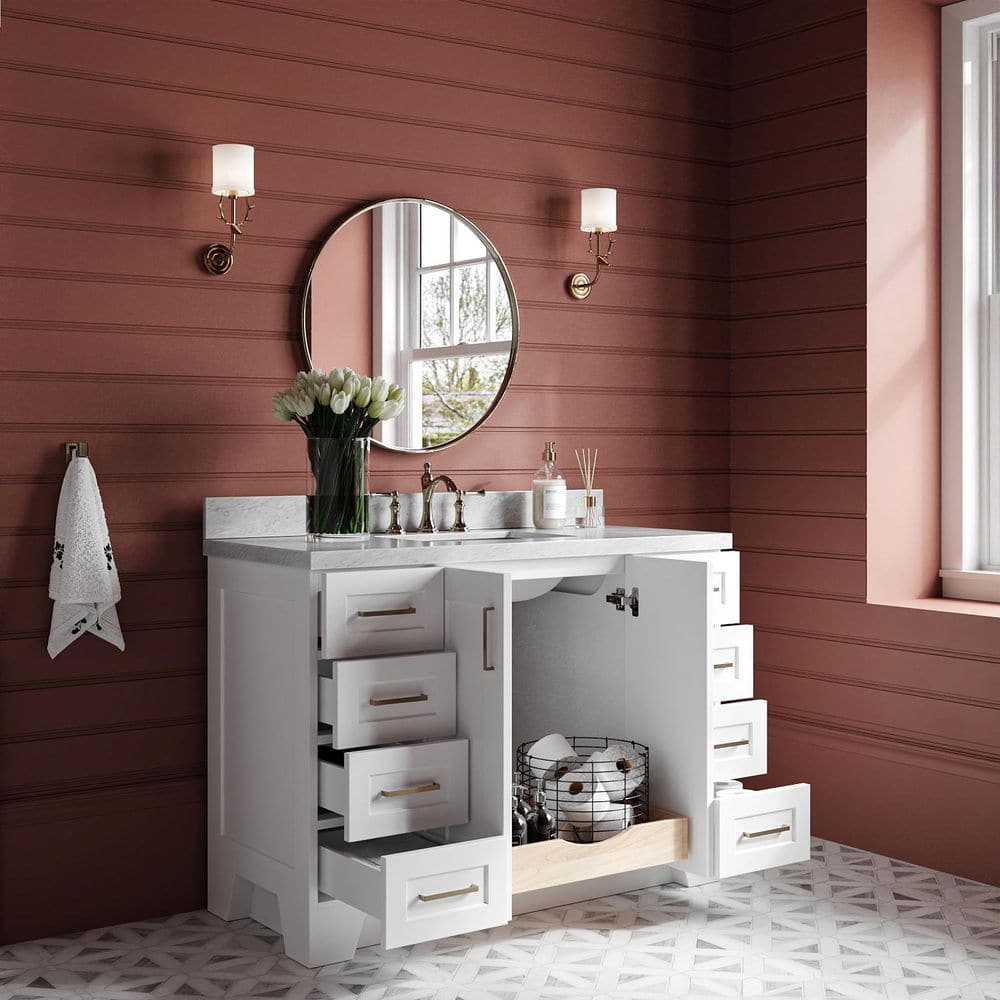 White Marble Top Freestanding Single Sink Vanity with Gold Hardware