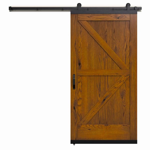 JELD-WEN 36 in. x 80 in. Karona K Design Brown Sugar Stained Rustic White Oak Wood Sliding Barn Door with Hardware Kit